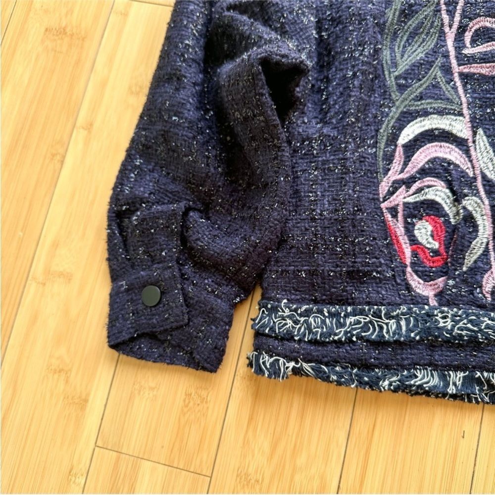 NWT Foxiedox Embroidered Takeo Tweed Frayed Boho Blue Jacket Anthropologie - Picture 6 of 8